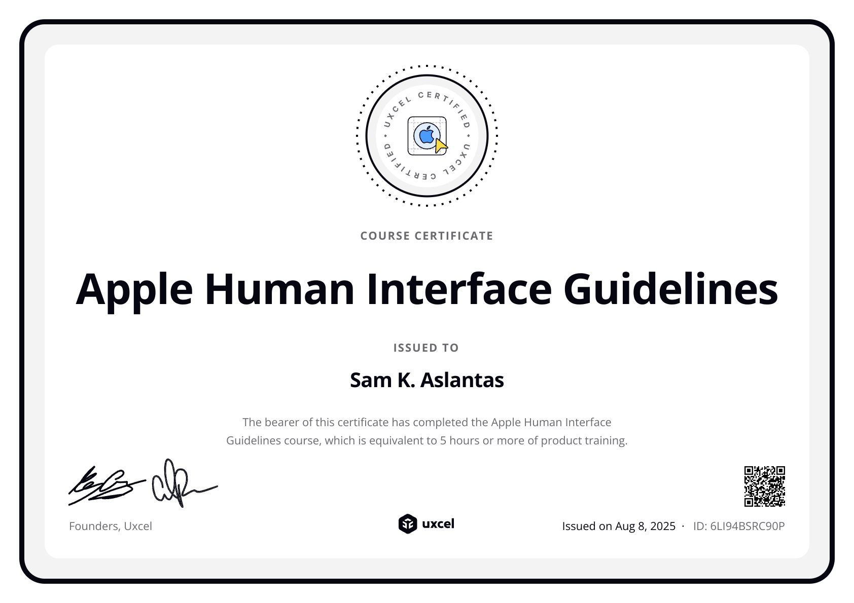 Sam K. Aslantas's certificate